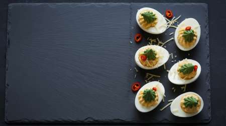 New Year. Holiday appetizer display includes deviled eggs topped with herbs and chili, beautifully arranged on a dark slate board, providing a perfect backdrop for festive celebrationsの素材