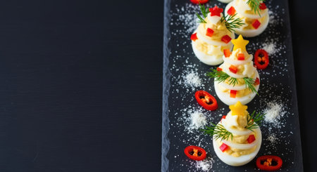 New Year. Egg appetizers designed as Christmas trees, adorned with vibrant peppers and herbs, beautifully presented on a dark platter, perfect for festive occasions and gatheringsの素材