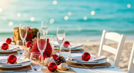 New Year. Christmas table setting features red ornaments, elegant glassware, and white plates arranged on a beach, evoking a festive holiday spirit with a serene ocean backdropの素材