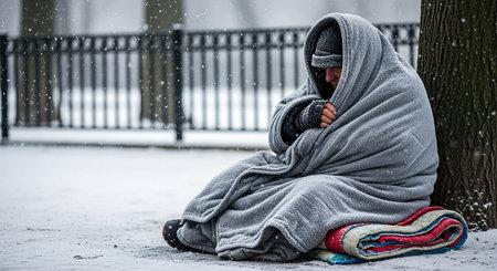 Homeless people. Individual wrapped in a warm blanket sits on a colorful mat in a snowy park, with snowflakes falling gently, highlighting the harshness of winter conditionsの素材