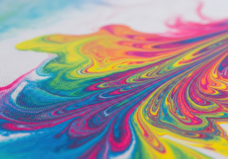 Abstract fabric design displays a vibrant swirl of colors including blue, yellow, pink, and green, highlighting the artistry of digital fabric printing methodsの素材