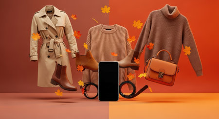 Autumn fashion showcase includes a trench coat, sweaters, boots, and handbag, with a smartphone mockup and falling leaves, perfect for online shopping inspirationの素材