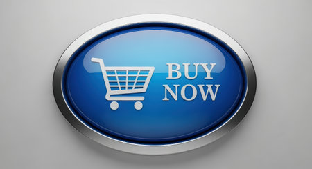 Glossy blue button features a shopping cart icon and 'Buy Now' text, ideal for online shopping platforms, enhancing user experience and engagementの素材