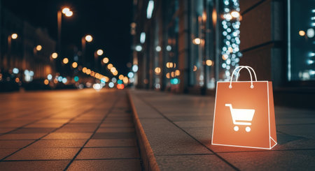 Illuminated shopping bag with cart icon rests on sidewalk at night, with vibrant street lights creating a lively atmosphere, symbolizing online shopping accessibilityの素材