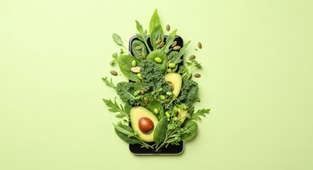 Vibrant assortment of fresh vegetables and fruits displayed on smartphone, emphasizing healthy eating and modern lifestyle, ideal for online shopping inspirationの素材