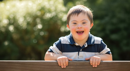 Happy young boy with Down syndrome leans on a wooden fence in a bright park, emphasizing the joy of socialization and inclusion for individuals with disabilitiesの素材