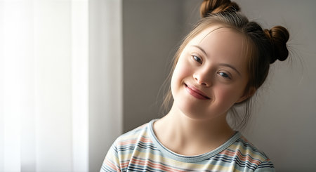 Girl with Down syndrome is gently smiling, dressed in a colorful striped shirt, seated by a window with soft light, radiating warmth and happinessの素材