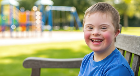 Happy boy with Down syndrome sitting on a bench in a park, with colorful playground equipment in the background, emphasizing the joy of social interaction and community engagementの素材
