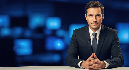 Confident male journalist at news desk, surrounded by blurred screens, creating an atmosphere of professionalism and focus in a broadcast environmentの素材
