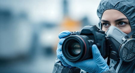 Female photographer, wearing protective gear and gloves, is actively taking photos with a camera, emphasizing commitment to journalism and safety in the fieldの素材