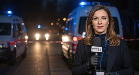 Female reporter stands confidently with microphone at night, emergency vehicles illuminated in background, creating a tense atmosphere for live news coverageの素材