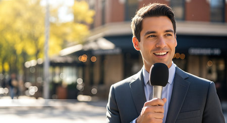 Male reporter is engaging with the audience outdoors, holding a microphone, amidst a vibrant city atmosphere, showcasing the dynamic nature of journalism and news coverageの素材