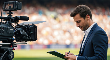 Male reporter is focused on taking notes while positioned beside a camera at a lively sports event, documenting the atmosphere and action for news coverageの素材