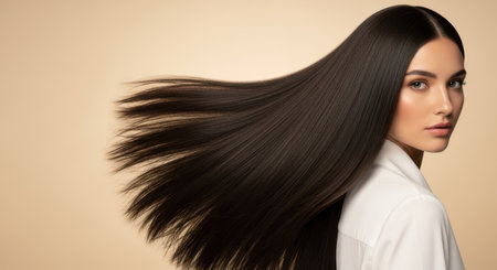Woman with long, shiny hair is elegantly displaying her hair, highlighting the significance of hair care products for maintaining healthy and beautiful hairの素材