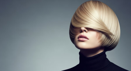 Female model with a stylish bob haircut, highlighting glossy hair texture and elegance, set against a soft gradient background, representing contemporary hair care trendsの素材