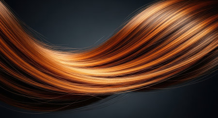 Strands of beautiful orange hair flow gracefully against a dark backdrop, highlighting the smooth texture and shine, ideal for hair care and beauty themes with copy spaceの素材