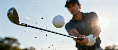 Golfer is hitting a golf ball with a club, capturing the energy of the sport in a vibrant outdoor environment with sunlight illuminating the sceneの素材