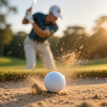 Golfer is hitting a golf ball from a sand trap, with sand flying and vibrant green grass surrounding the scene, capturing the thrill of the sportの素材