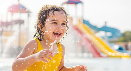 Young girl in bright yellow swimsuit enjoys splashing water at a lively water park, with colorful slides in the background, embodying joy and friendship during leisure timeの素材