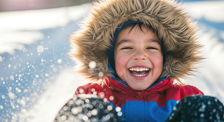 Joyful child in a red coat with fur hood, sledding down snowy hill, surrounded by sparkling snowflakes, embodying the spirit of winter play and happinessの素材