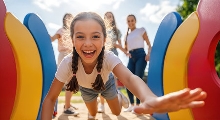 Happy girl with braids is playing on bright playground equipment, with friends in the background, capturing the essence of childhood joy and carefree momentsの素材