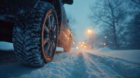 Close-up view of a tire in fresh snow, highlighting winter weather with soft ambient light from street lamps, evoking a tranquil and cold winter sceneの素材