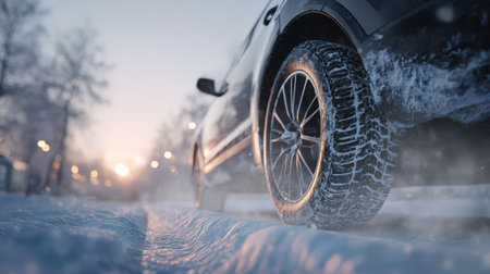 Black vehicle with winter tires navigates snowy road, highlighting tire grip and snow texture, evoking the chill of winter and the beauty of seasonal landscapesの素材