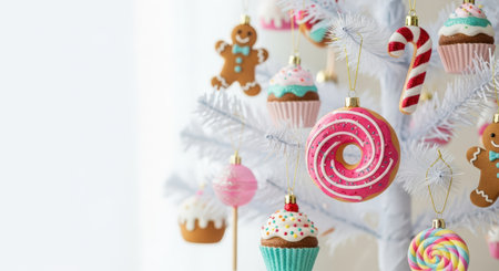 White Christmas tree decorated with vibrant ornaments like gingerbread men and candy canes, evoking a cheerful winter holiday spirit with copy space for textの素材