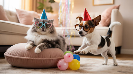 Birthday. Energetic dog leaps joyfully next to a relaxed cat adorned with party accessories, colorful balloons scattered around, creating a cheerful birthday ambianceの素材