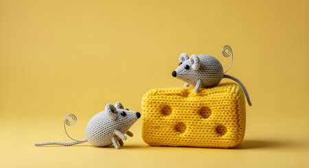 Two charming knitted mice engage with a bright yellow knitted cheese, highlighting cozy minimalism and soft pastel aesthetics in a delightful lifestyle sceneの素材