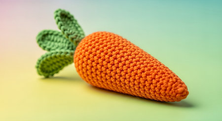 Knitted carrot toy in vibrant orange and green, embodying cozy minimalism and soft pastel aesthetics, ideal for lifestyle settings and children's imaginative playの素材