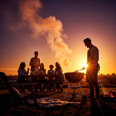 Friends gather around a barbecue grill at sunset, with smoke rising and a vibrant sky, creating a cozy and inviting atmosphere for outdoor diningの素材