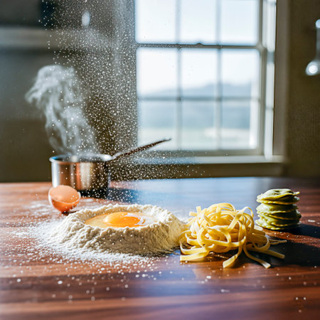Scene of fresh pasta being prepared with flour, egg, and noodles on a wooden table, highlighting the culinary process and vibrant kitchen atmosphereの素材