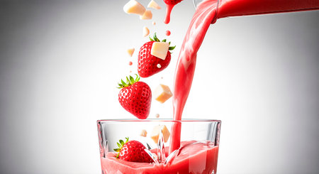 Strawberry smoothie is being poured into a clear glass, with fresh strawberries and white chocolate pieces suspended in mid-air, showing a delicious and refreshing drinkの素材