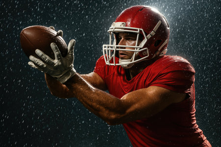 American football. Football athlete in red jersey is catching a ball amidst rain, with intense lighting highlighting muscular physique and focused expression, capturing the essence of competitive sportsの素材