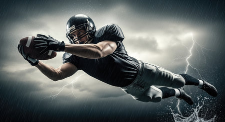 American football. Football player in black gear leaps to catch ball amidst stormy skies and lightning, emphasizing athletic prowess and dynamic movement in sportsの素材