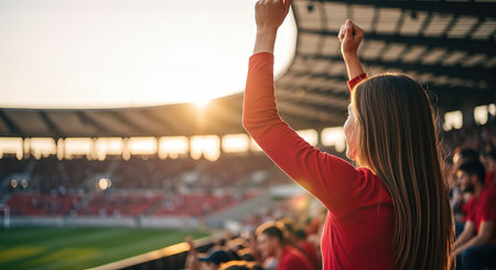 American football. Woman in red shirt joyfully celebrates victory at stadium, raising arms in excitement, surrounded by enthusiastic crowd and vibrant atmosphereの素材