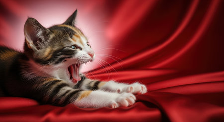 Pets. Calico kitten is stretching and yawning on soft red satin fabric, highlighting its colorful fur and playful nature in a warm and inviting atmosphereの素材