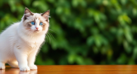 Pets. White cat with blue eyes stands on wooden surface, surrounded by vibrant green foliage, creating a peaceful and playful ambiance in natureの素材