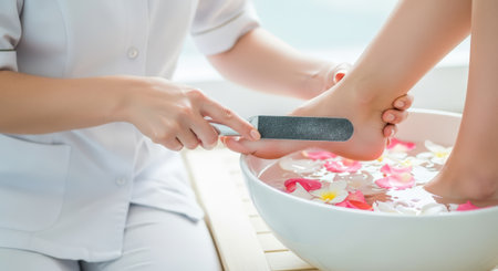 Female client enjoys a soothing foot spa treatment with flower petals in water, highlighting the pampering and rejuvenating aspects of personal care and wellnessの素材