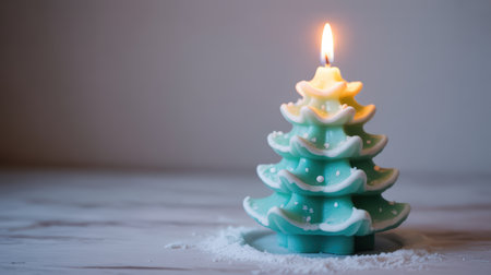New Year. A beautifully crafted Christmas tree candle in blue and white hues, radiating warmth with its flame, set on a light surface, enhancing the holiday spirit and ambianceの素材