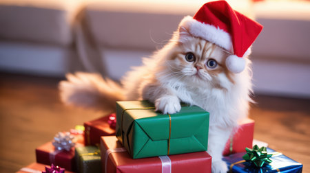 New Year. Fluffy cat in Santa hat is playfully sitting on vibrant Christmas gifts, with a cozy background, creating a warm and festive atmosphere for the holiday seasonの素材