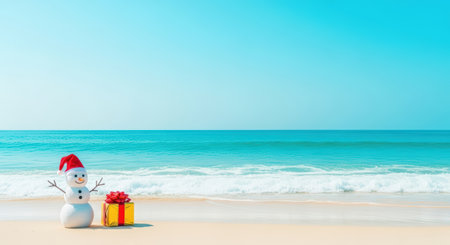 New Year. A cheerful snowman with a red hat is positioned next to a vibrant gift box on a sunny beach, with calm waves and clear skies enhancing the festive atmosphereの素材