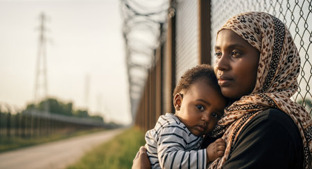 Woman with infant in arms stands near a fence along an empty road, expressing deep emotion and resilience in the face of migration challengesの素材