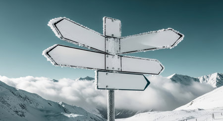 Directional signpost covered in snow, set against a breathtaking winter landscape with mountains and clouds, representing exploration and decision-making in natureの素材