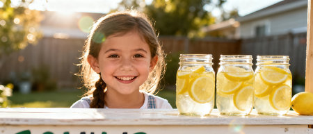 Cheerful girl with braided hair stands at lemonade stand, showcasing jars filled with lemonade and lemon slices, embodying joy and friendship in a sunny outdoor settingの素材