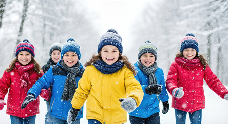 A lively group of children in bright winter attire, running joyfully through a snowy scene, celebrating friendship and the joy of winter activities togetherの素材