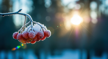Red berries coated in frost, illuminated by sunlight, create a beautiful winter scene with a blurred background of trees, evoking a tranquil atmosphereの素材