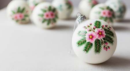 White Christmas ornament adorned with pink floral designs and green leaves, resting on a soft fabric background, enhancing the winter holiday ambianceの素材
