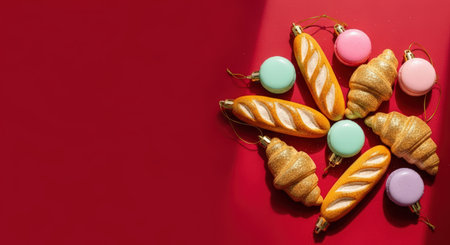 Decorative ornaments resembling pastries and macarons are artistically arranged on a bright red surface, enhancing the joyful ambiance of winter celebrationsの素材